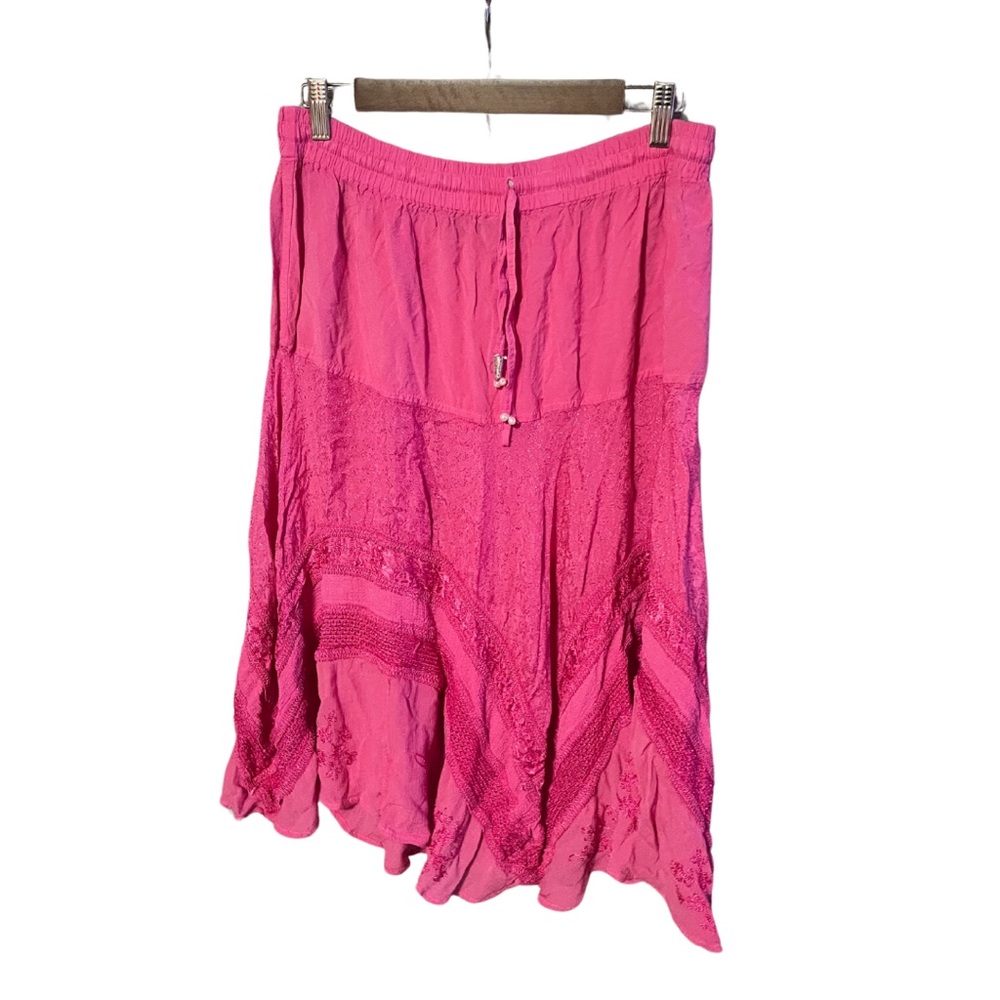 Pink Asymmetrical Midi Skirt Size L | Smocked Waist & Flowing Fit | Free Ship